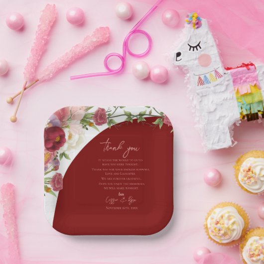 ロマンチックなブルゴーニュ結婚フローラの感謝メッセージ ペーパープレート (パーティー)