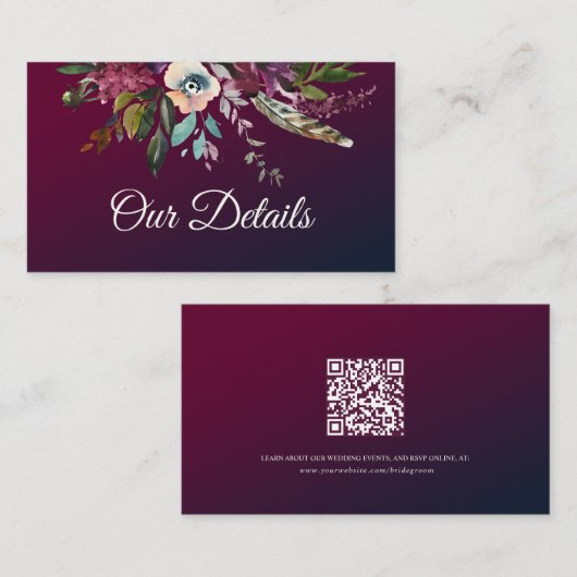 ロマンチックなブルゴーニュ結婚フローラの詳細QRコード エンクロージャーカード (正面/裏面)