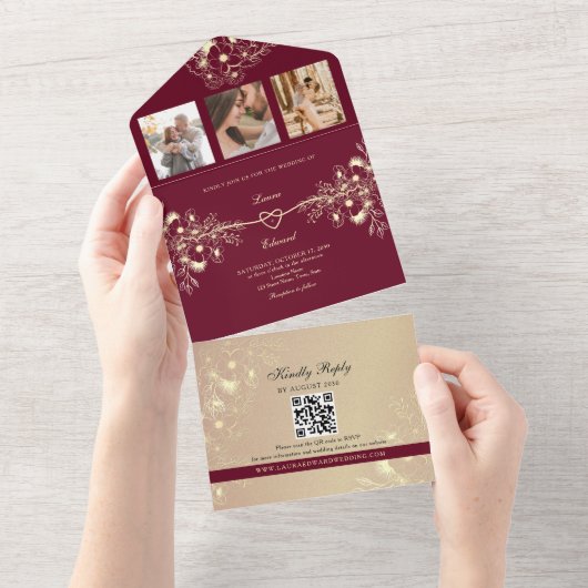 ロマンチックなブルゴーニュ結婚フローラ オールインワン招待状 (貼ってはがせる)