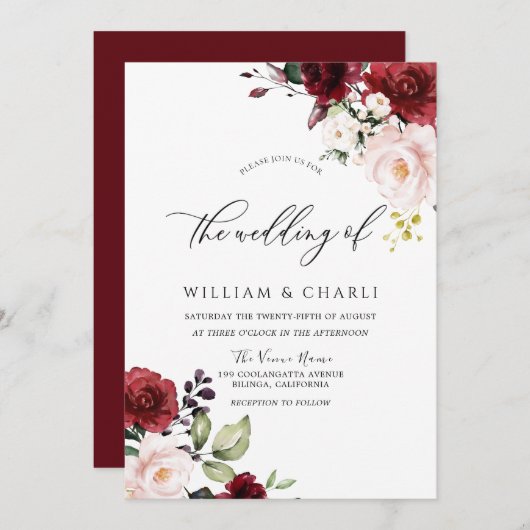 ロマンチックなブルゴーニュ赤い水結婚色の 招待状 (正面/裏面)