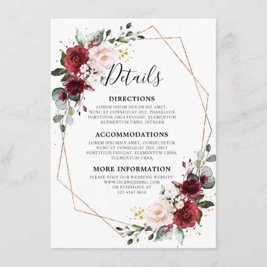 ロマンチックなブルゴーニュ赤フローラ幾何学結婚の エンクロージャーカード (正面)