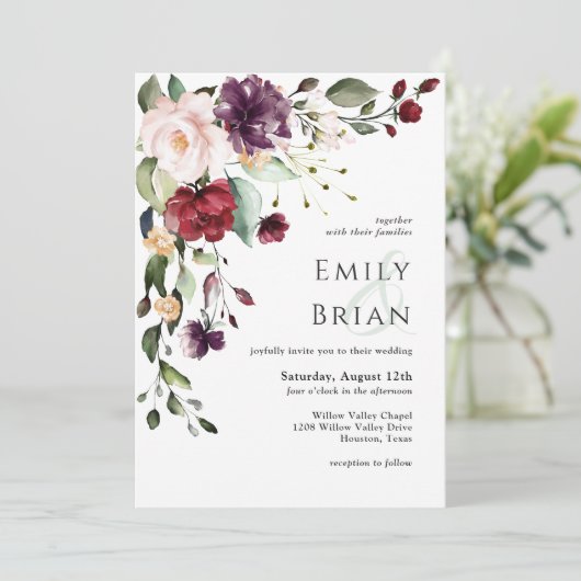 ロマンチックなブルゴーニュ赤面と結婚プラム 招待状 (スタンド正面)