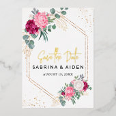 ロマンチックなブルゴーニュ赤面ピンクフローラ日付を保存 箔招待状 (正面)