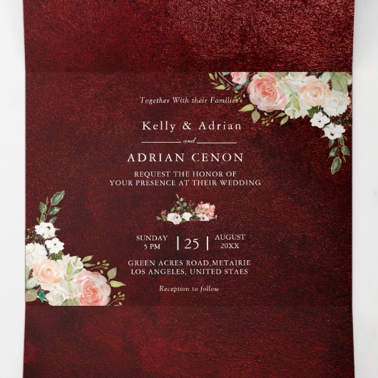 ロマンチックなブルゴーニュ赤面ピンク結婚フローラ 三つ折り招待状 (内部中)