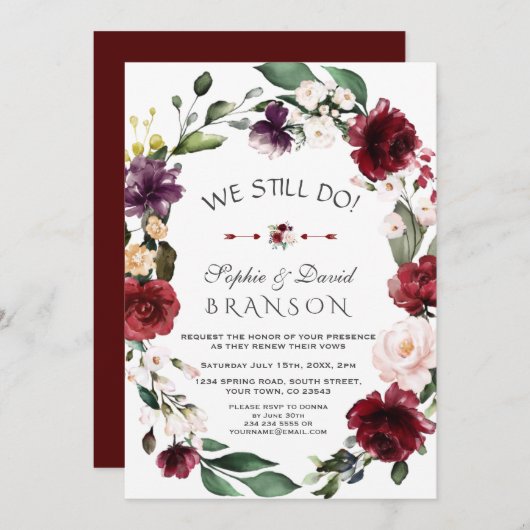 ロマンチックなブルゴーニュ赤面フローラ私たちはまだ行う 招待状 (正面/裏面)