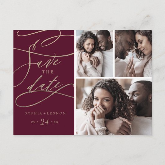 ロマンチックなブルゴーニュ3写真デートを保存 インビテーションポストカード (正面)