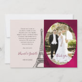 ロマンチックなブルゴーニュ&ピンクのエッフェル塔カップルの写真 サンキューカード (正面)