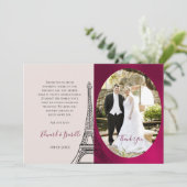 ロマンチックなブルゴーニュ&ピンクのエッフェル塔カップルの写真 サンキューカード (スタンド正面)