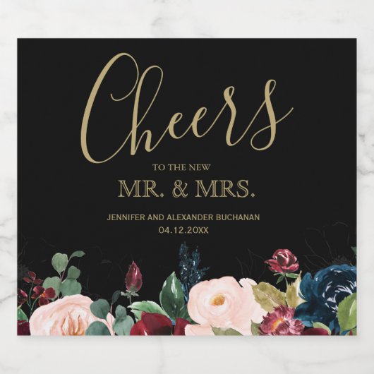 ロマンチックなブルゴーニュ、ピンク、ブルーとブラックきらめく スパークリングワインラベル (シングルラベル)