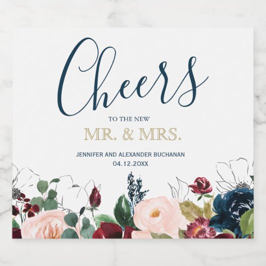 ロマンチックなブルゴーニュ、ピンク、ブルーとブラックきらめく スパークリングワインラベル (シングルラベル)