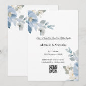 ロマンチックなブルーとホワイトの花のウェディングインビテーション 招待状 (正面/裏面)