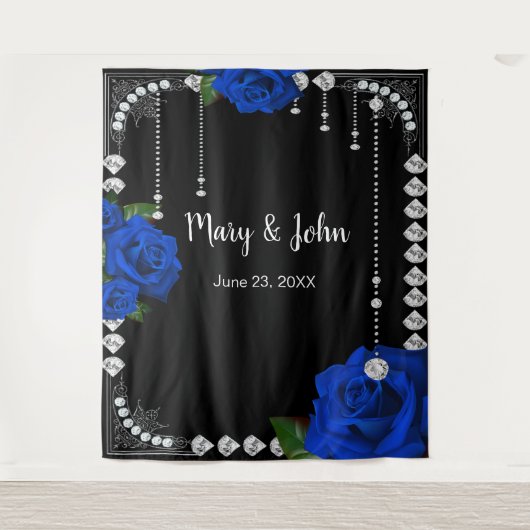 ロマンチックなブルーのバラとダイヤモンドの写真の背景 タペストリー (正面)