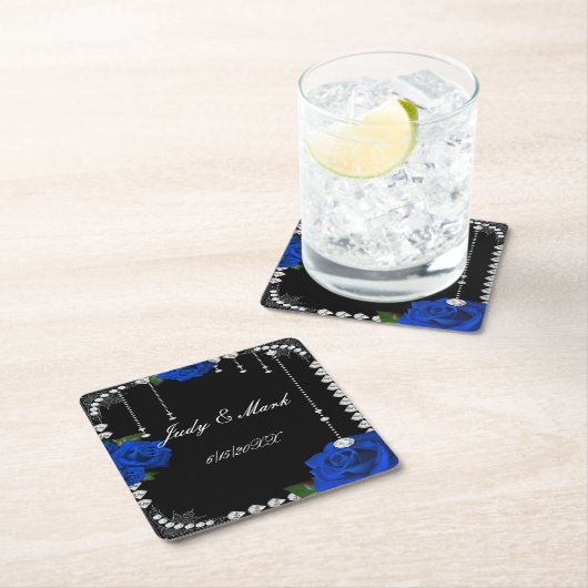 ロマンチックなブルーのバラとダイヤモンド スクエアペーパーコースター (インサイチュ)