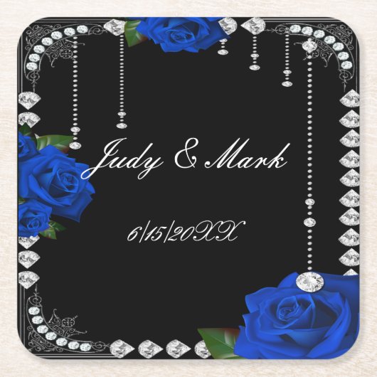 ロマンチックなブルーのバラとダイヤモンド スクエアペーパーコースター (正面)