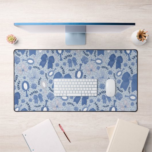 ロマンチックなブルーの弓とバラ デスクマット (オフィス1)