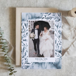 ロマンチックなブルーウォーターの植物色の写真結婚ズ サンキューカード