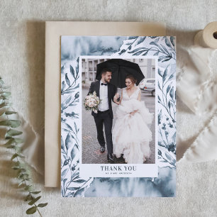 ロマンチックなブルーウォーターの植物色の写真結婚ズ サンキューカード