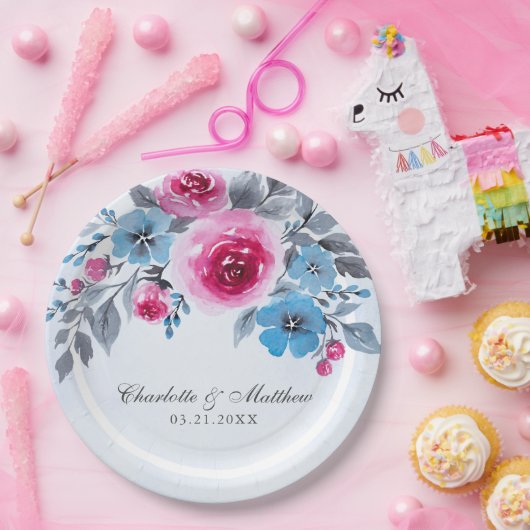 ロマンチックなブルーウォーター色のフローラ結婚ズ ペーパープレート (パーティー)