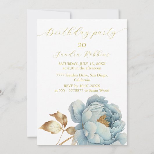 ロマンチックなブルーゴールデンフラワー誕生日招待状 招待状 (正面)