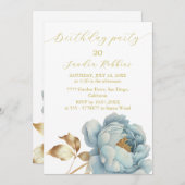 ロマンチックなブルーゴールデンフラワー誕生日招待状 招待状 (正面/裏面)