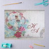 ロマンチックなブルーピンクのフローラ、鳩、バラ、海景 薄葉紙 (クラフト)