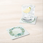 ロマンチックなブルーフローラグリーンリースクエア紙コースター スクエアペーパーコースター (インサイチュ)