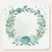 ロマンチックなブルーフローラグリーンリースクエア紙コースター スクエアペーパーコースター (正面)