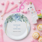 ロマンチックなブルーフローラユーカリと金ゴールドフレーム ペーパープレート (パーティー)