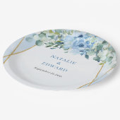 ロマンチックなブルーフローラユーカリと金ゴールドフレーム ペーパープレート (アングル)