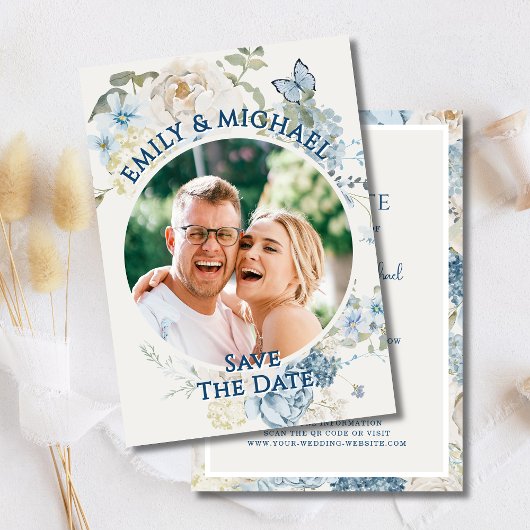 ロマンチックなブルーフローラ写真QRコード 招待状