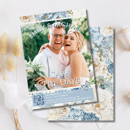 ロマンチックなブルーフローラ写真QRコー結婚ド 招待状