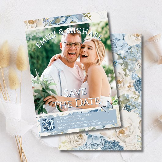 ロマンチックなブルーフローラ写真QRコー結婚ド 招待状