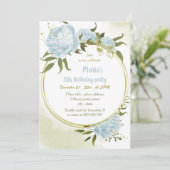 ロマンチックなブルーフローラ金ゴールドリース誕生日パーティー 招待状 (スタンド正面)