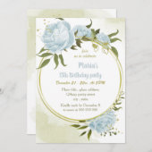 ロマンチックなブルーフローラ金ゴールドリース誕生日パーティー 招待状 (正面/裏面)