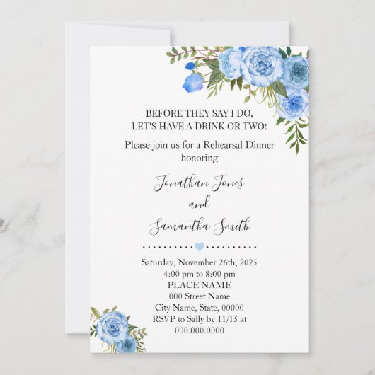 ロマンチックなブルーフローラbohoシックなリハーサルディナー 招待状 (正面)