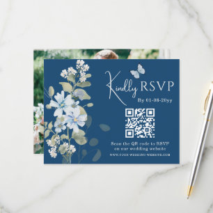 ロマンチックなブルーフローラRSVP QRコードフォト結婚ズ 出欠カード