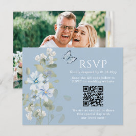 ロマンチックなブルーフローラRSVP QRコードフォト結婚ズ 出欠カード