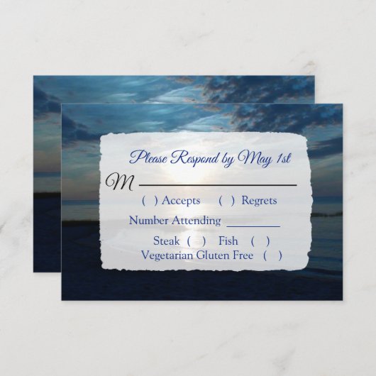 ロマンチックなブルー海サンセットウェディングRSVPカード 出欠カード (正面/裏面)