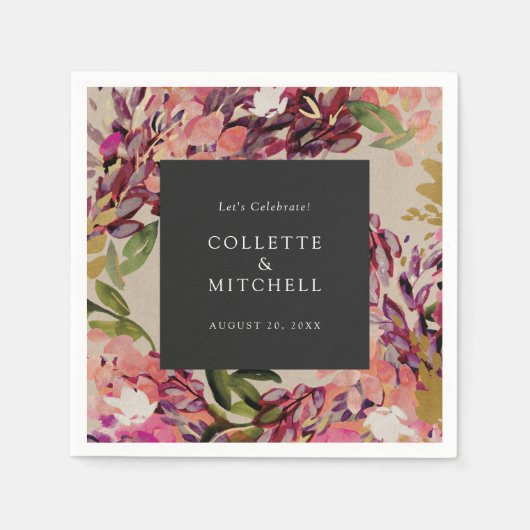 ロマンチックなブーケホットピンクブラック結婚ズ スタンダードカクテルナプキン (正面)