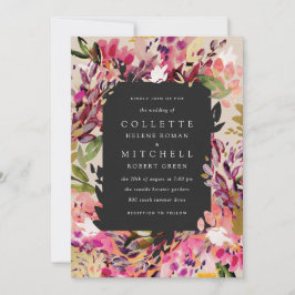 ロマンチックなブーケホットピンクブラック結婚金ゴールド 招待状