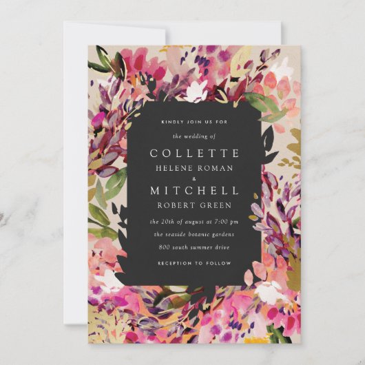 ロマンチックなブーケホットピンクブラック結婚金ゴールド 招待状 (正面)