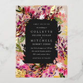 ロマンチックなブーケホットピンクブラック金ゴールド 箔招待状 (正面)