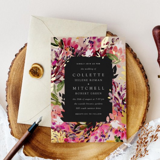 ロマンチックなブーケホットピンクブラック金ゴールド 箔招待状