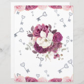 ロマンチックなプラムフローラ&シルバー鍵スクラップブック紙 (正面/裏面)