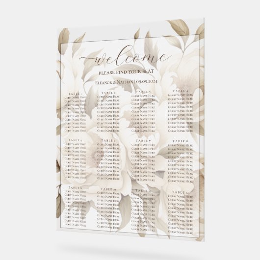 ロマンチックなベージュ牡丹フローラシーティングチャート アクリルサイン (傾斜)