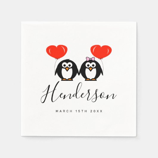 ロマンチックなペンギンの漫画のカスタムウェディングナプキン スタンダードカクテルナプキン (正面)