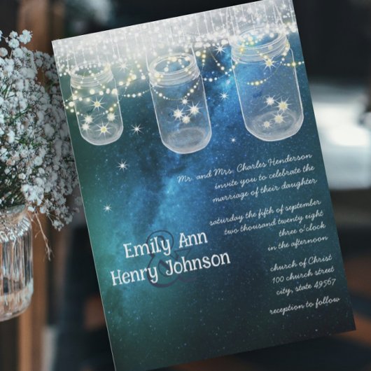 ロマンチックなホタルのメイスン結婚ジャー 招待状