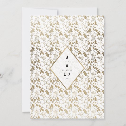 ロマンチックなホワイト金ゴールドフローララグジュアリー結婚ズ 招待状 (裏面)
