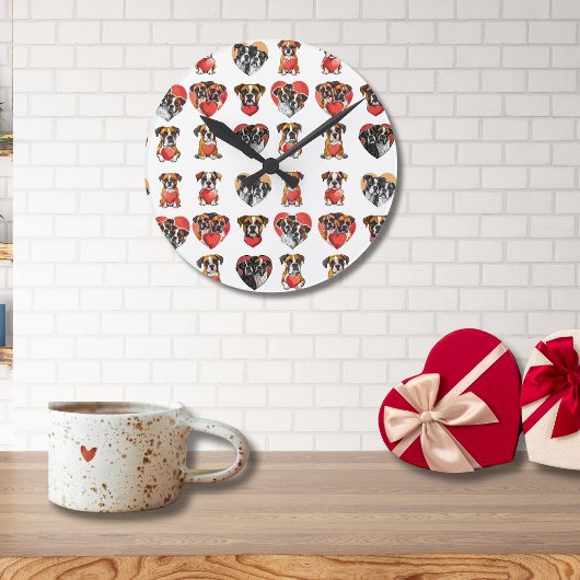 ロマンチックなボクサードッグとハートバレンタイン ラウンド壁時計