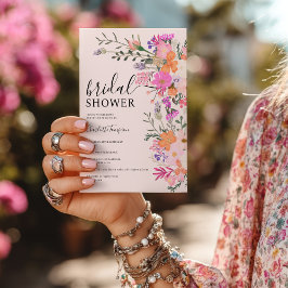 ロマンチックなボホピンクのワイルドフラワーガーデンブライダルシャワー 招待状